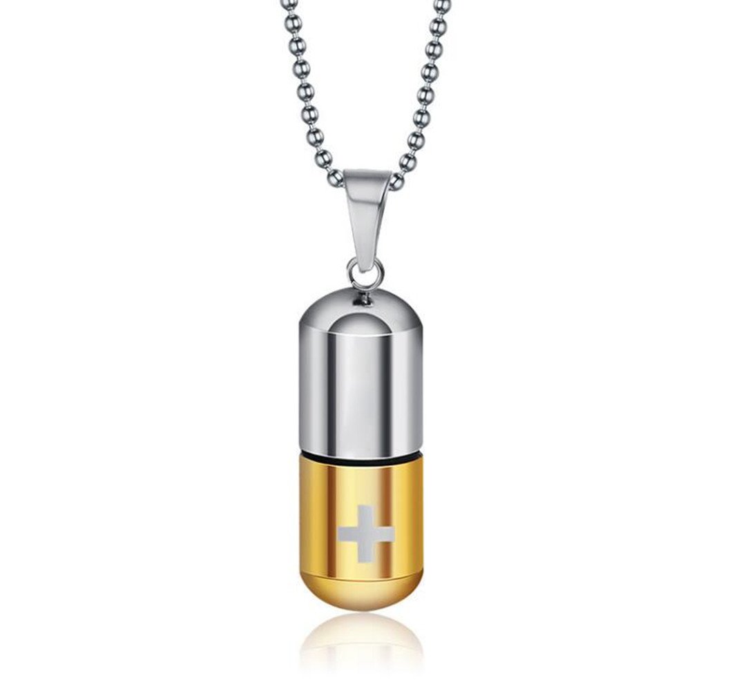 LAFATINA Medical Alert ID Pill Capsule Tube Pendant Necklace, Men's Women Stainless Steel Pill Case Medical Alert Card Holder Pendant Necklace for Boys Girls Old — image 1