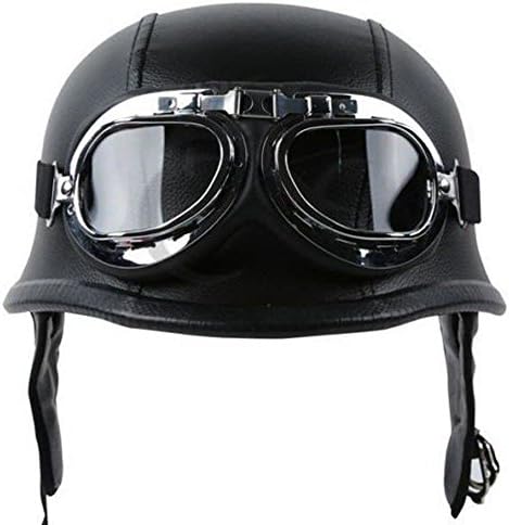 Vintage Leather Helmet With Pilot Goggles | Aviator German Style 1/2 Half Face Helmet With FREE Storing Bag | Perfect For Cruiser, Scooter, Touring or Chopper Motorbikes SZ (Midium)
