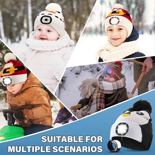 LED Beanie with Light for Kids, USB Rechargeable Headlamp Beanie Cap with LED Slap Bracelet, Unisex Winter Warm Knit Night Light Hat for Camping Running Walking, Knit Beanie Gift for Boys and Girls