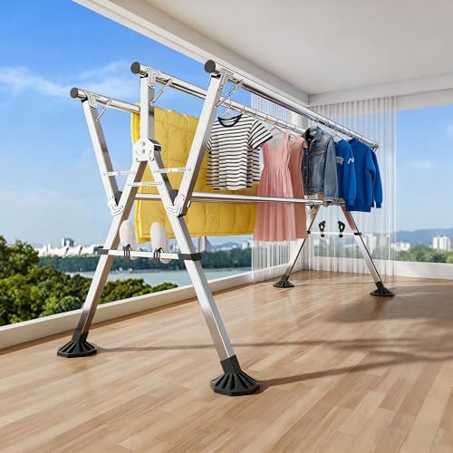 ZERIFAM Foldable Clothes Drying Stand, Heavy Duty Drying Rack, Comes with Two Shoe Supports, Thickened Stainless Steel Dryings Racks, Save Space, Windproof, Indoor Outdoor Use