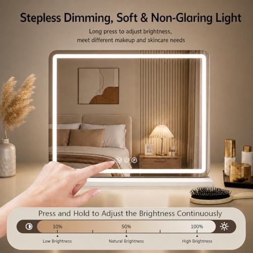 Vanity Mirror with Lights, 80 * 57CM Large Makeup Mirror with LED Lighted, Dressing Table Mirror with 3 Color Dimmable Lights, Touch Control, 5X Magnification for Wall & Desk Tabletop