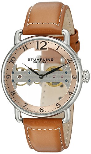 Stuhrling Original Men's 'Bridge' Mechanical Hand Wind Stainless Steel and Leather Casual Watch, Color:Brown (Model: 976.02)