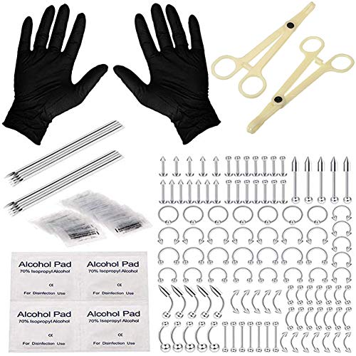 WZPB 88Pcs Professional Piercing Kit - 316L Surgical Steel Piercing Jewelry 14G 18G Piercing Needles Disposable Piercing Clamps for Nose Belly Tongue Tragus Nipple Body Piercing
