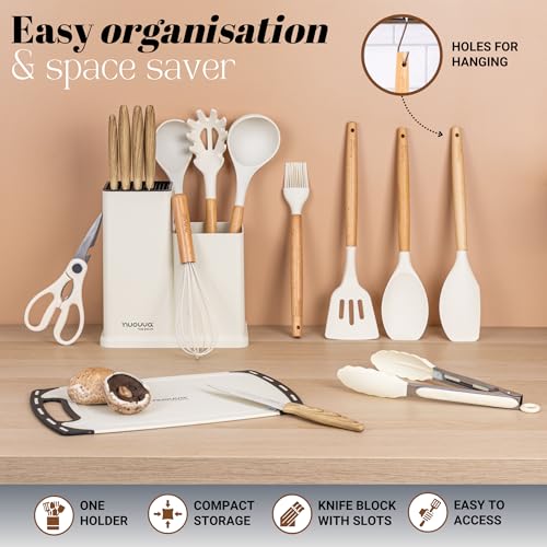 Cooking Utensils Set with Chopping Board – Knife Set with Block – Heat Resistant Silicone Utensils with Wooden Handle, Spoons, Ladles & Spatula – Kitchen Tools & Accessories – 17pcs, Cream – by Nuovva