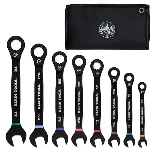 KLEIN TOOLS 69408G Ratcheting Combination Wrench Set, SAE, 5/16 to 3/4 Inch, 90-Tooth Steel Alloy with Foam Pouch, 8-Piece