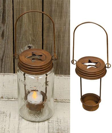 Mason Jar Star Lid Tea Light Holder Rusty Finish Primitive Country Rustic Light