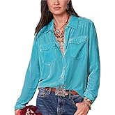 Velvet Shirts for Women Long Sleeve Button Down Shirt Vintage Tops Lapel Blouse Fall Winter Tee with Pocket