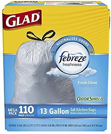 Glad OdorShield Tall Kitchen Drawstring Fresh Clean Trash Bags, For easy removal 13 Gallon, 110 Count - New!!!
