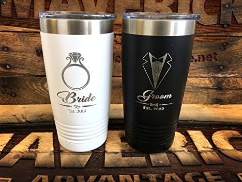 Set of 2-20oz Insulated"Bride & Groom" Travel Mug l Wedding Gift l Laser Engraved l Powder Coated