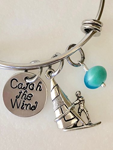 Windsurfing Bangle, Windsurfer Bracelet, Pewter Windsurfing Charm, Windsurfer Gift, Cultured Czech Blue Sea Glass, Adjustable Stainless Steel Bangle.