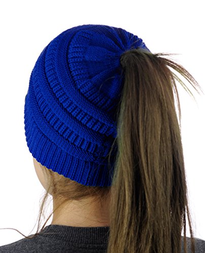 C.C BeanieTail Cotton Blend All Season Daily Messy High Bun Ponytail Beanie Hat, Royal