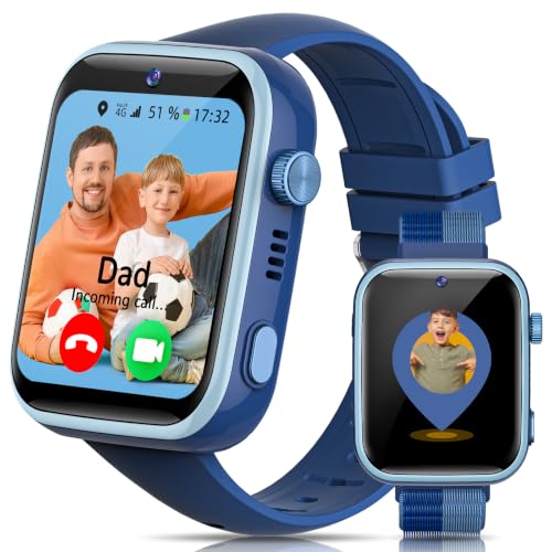 AIMIUVEI 4G Montre Connectée Enfants avec Appels, Appels Vidéo, Chat Vocal, WiFi, GPS, SOS, SMS, Étanche IP68, Mode École et Podomètre, Smartwatch Enfants avec Écran HD 1,83'' Bleu
