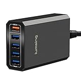 Lumsing Quick Charge 2.0 40W Multi-Port USB Desktop Charging Station Dock with Smart IC Technology, 1 Port QC2.0 + 4 Port with Smart IC Technology, 5 Port USB Desktop Charger for SmartPhones Black