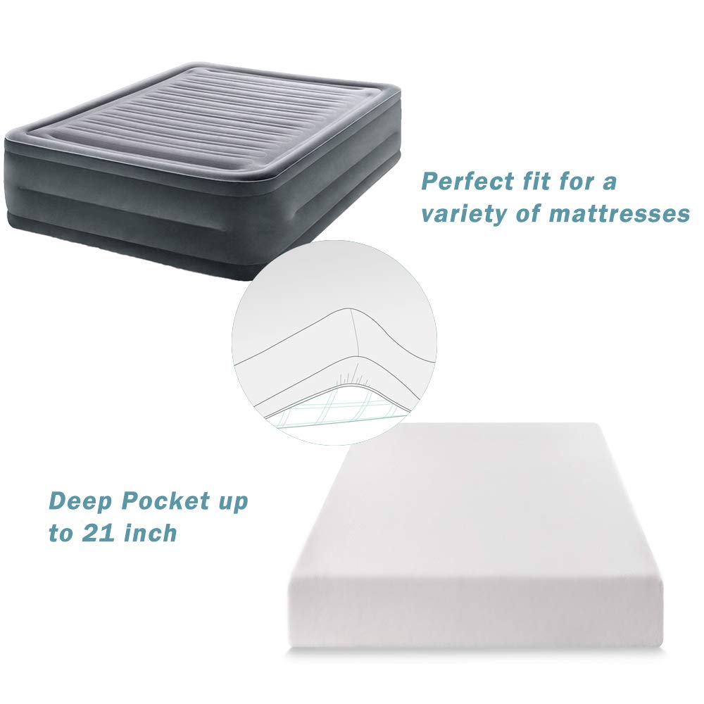 Bedecor Fitted Sheet Fit Air Bed Crinkle-Free Deep Pocket up to 21 inch White Queen Size