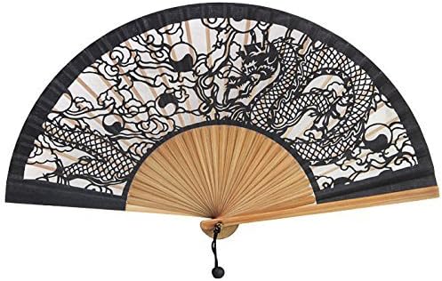 Korea Traditional Paper Craft Black Dragon Silk Folding Hand Fan
