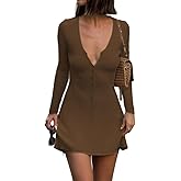 GCZREN Women Sexy Deep V Neck Button Front Knit Mini Dress Elegant Long Sleeve Ribbed Flowy Hem A-Line Short Dresses