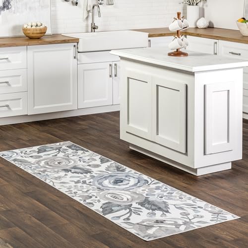 nuLOOM Splashguard Tiffani Light Grey/Ivory, 2'6" x 6', Floral, Soft and Cozy,…