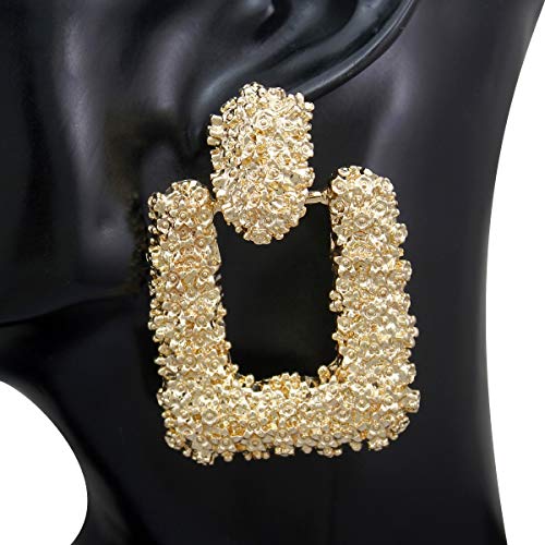 RechicGu Gold Relief Floral Door Knocker Hoop Earrings Bold Rectangler Chunky Runway Baroque