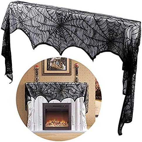 Ablawnct Black Lace Spiderweb Fireplace Mantle Scarf Cover with Lace Cobweb Tablecloth for Halloween Decoration Halloween Parties Décor & Spooky Scary Parties (18 x 96 inch)