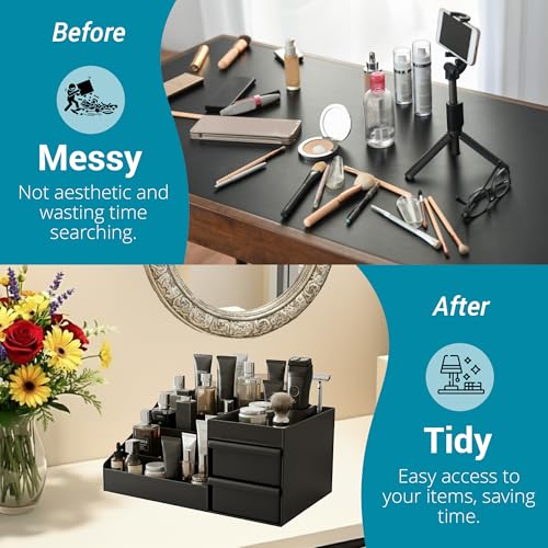 SEOSI Cologne Organizer for Men,Bathroom Organizers Shaving Tools Men,Perfume Organizer with Drawer,Dresser Organizer Countertop for Men's Bedroom Essentialsnd storage, bathroom decor (Black, Medium)