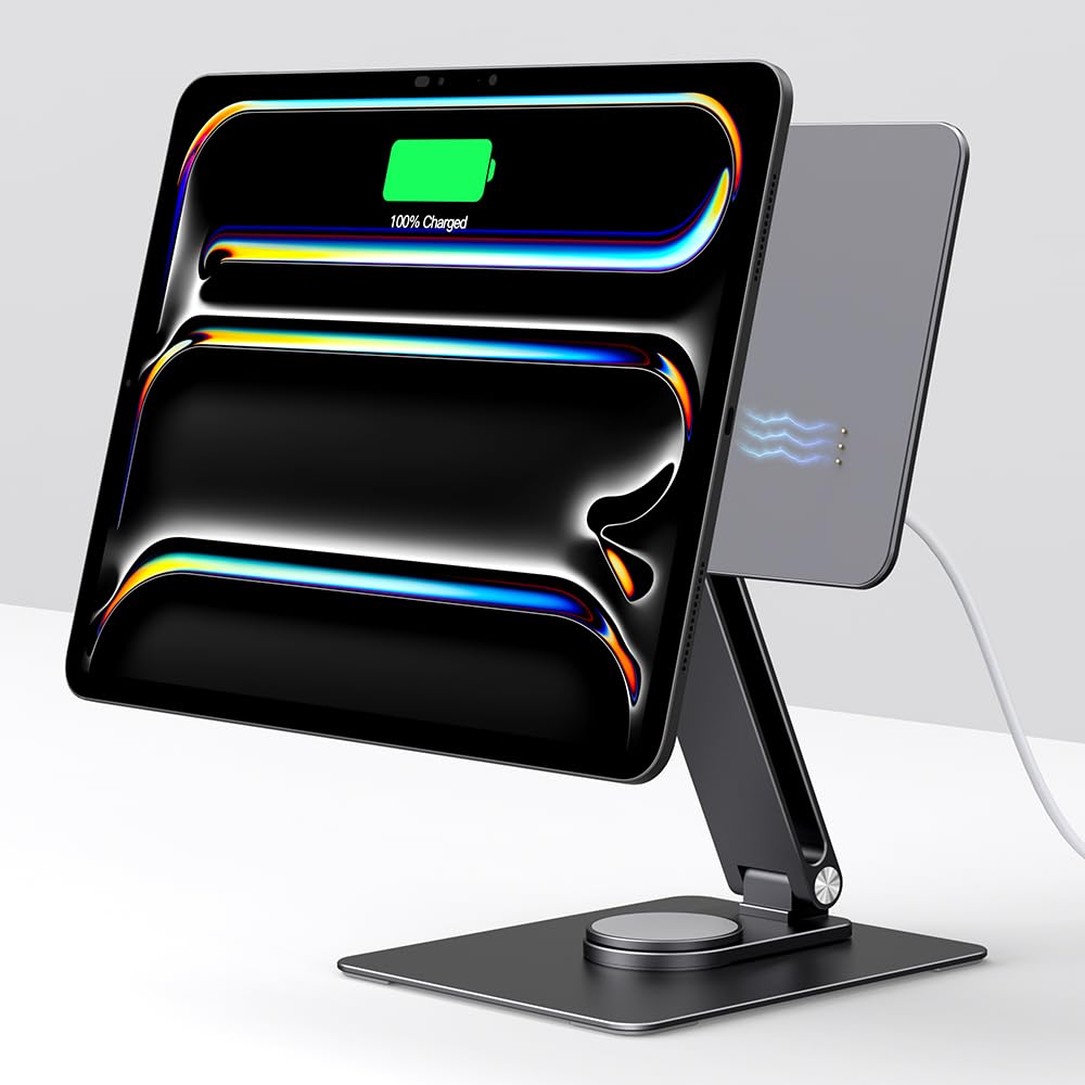 Photo 1 of GEWOKLIY Magnetic iPad Pro M4 11-inch Stand with Wireless Charging 18W, 360° Rotating Aluminum Tablet Holder for iPad Pro M4 11-inch, Adjustable Desk Mount Series (M4-11inch)