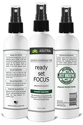 ASUTRA Premium Aromatherapy Mist -"READY, SET, FOCUS" - Improve Mental Clarity - 100% ALL NATURAL & ORGANIC Room & Body Mist, Essential Oil Blend - Peppermint & Rosemary - 100% GUARANTEED