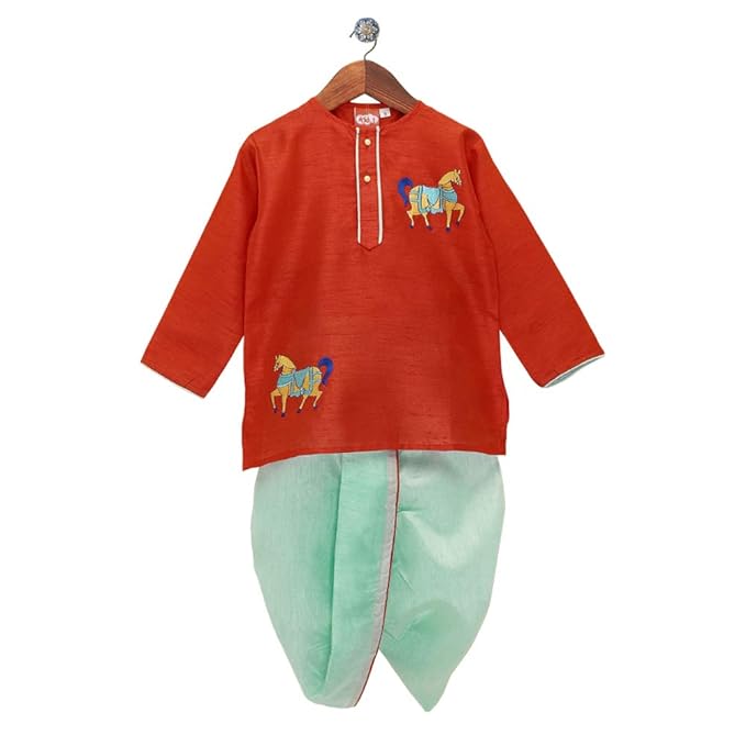 Kid1 By Hopscotch Boys Silk Round Neck Horse Embroidered Kurta Dhoti in Peach Color