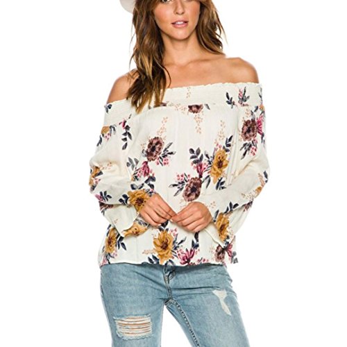 Usstore Women Sexy Chiffon T-Shirt Floral Print Blouse Long Sleeve Off Shoulder Tops