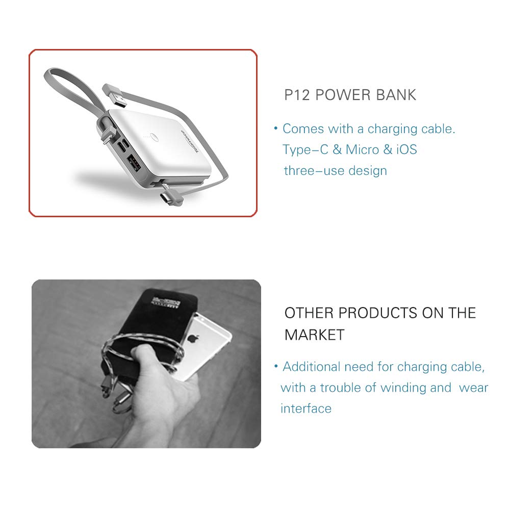 Power Bank Topmate 10000mAh Portable Charger with Built-in Type-C Micro & iOS Cable as Lanyard | Artifice Design for Cellphone and Pad etc. |White