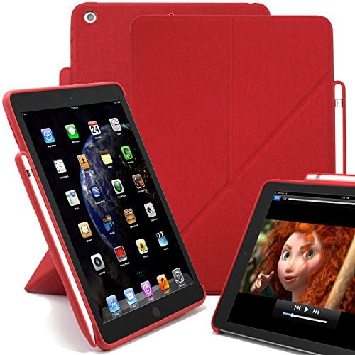 KHOMO Horizontal and Vertical Display Stand Capable Cover iPad 9.7 Inch (2017 & 2018) Case with Pen Holder - Dual Origami Series - Twill Red