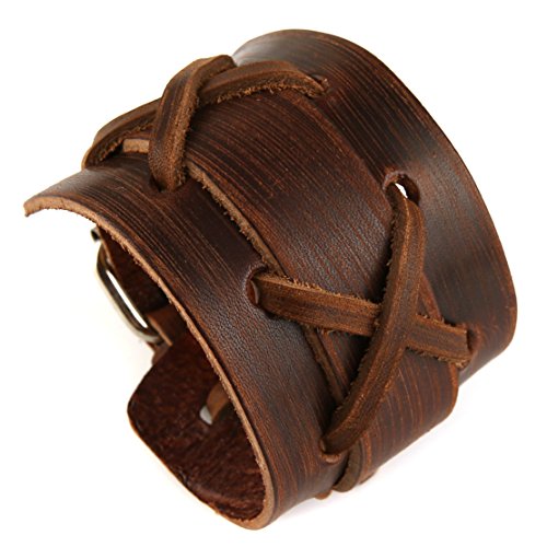 HZMAN Authentic Wide Leather Casual Mens Brown Cuff Bangle Bracelet