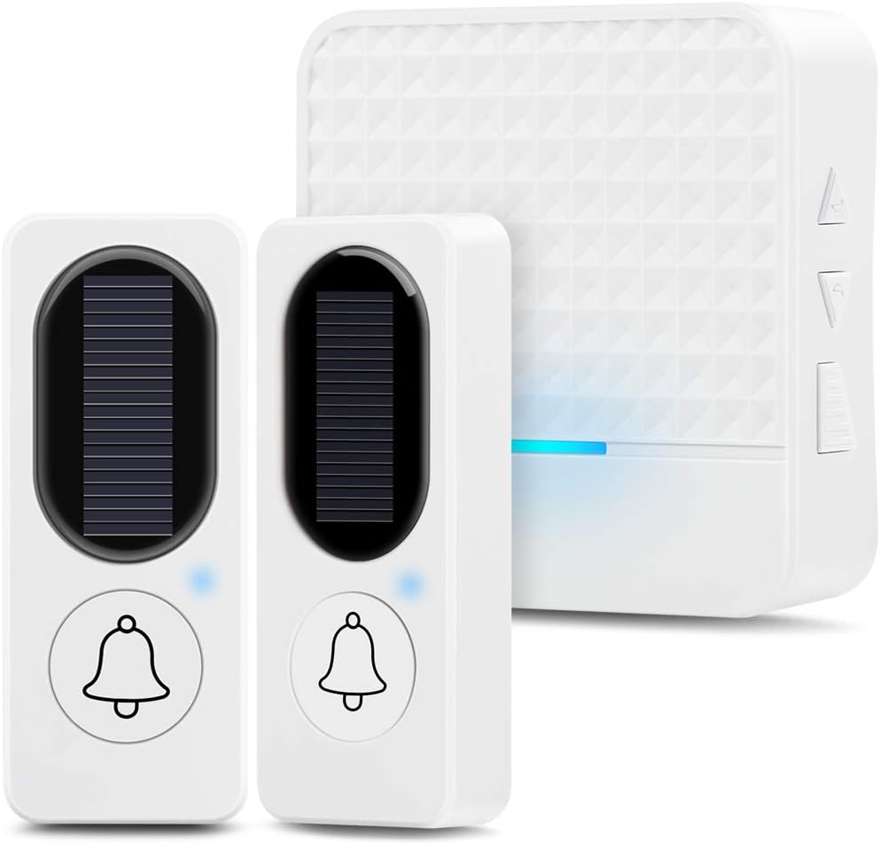 Wireless Doorbell Kit Solar Powered Chime Bell with 2 Remote Button and ...