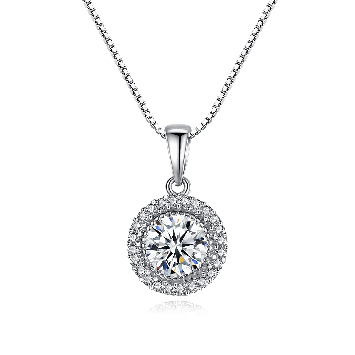 Sterling Silver 925 Round Halo Pendant Necklace for Women | Brilliant Cubic Zirconia CZ Diamond Anniversary Wedding Jewelry Gift for Her, Silver CZ Round Halo Necklace