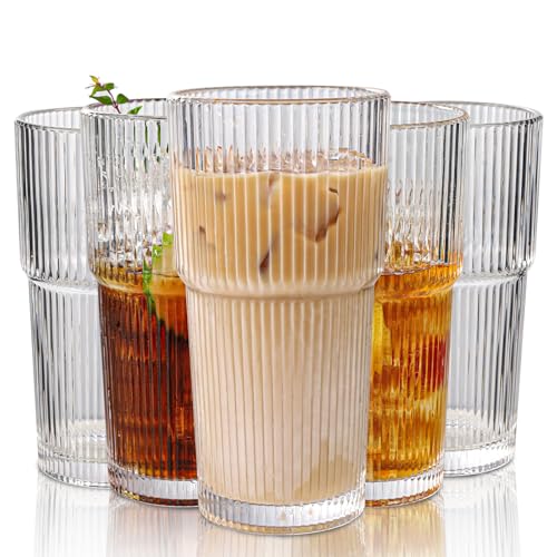 WeirdUncle Vintage Ribbed Glasses, Set of 6, 20oz Tumblers, Large Capacity, Origami Design, Fluted for Water, Iced Coffee, Beer, Tea, Latte
