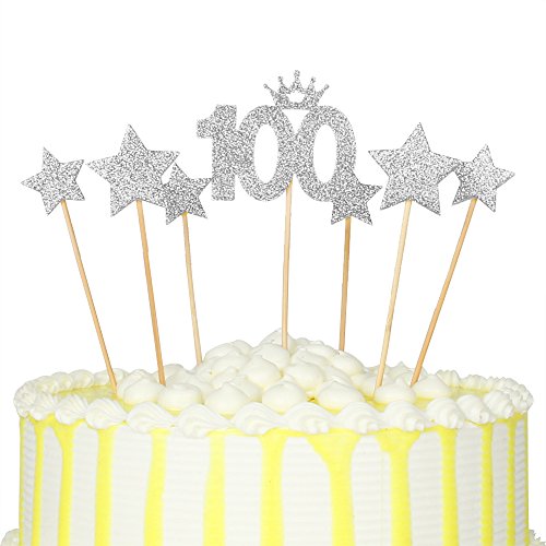 PALASASA Silver glitter 100 Days Cake Topper and pentacle for Parties Baby Happy Birthday,set of 7 - Thumbnail 3