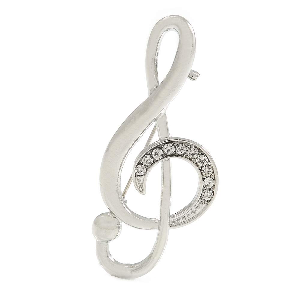 Silver Tone Clear Crystal Treble Clef Brooch - 55mm Long