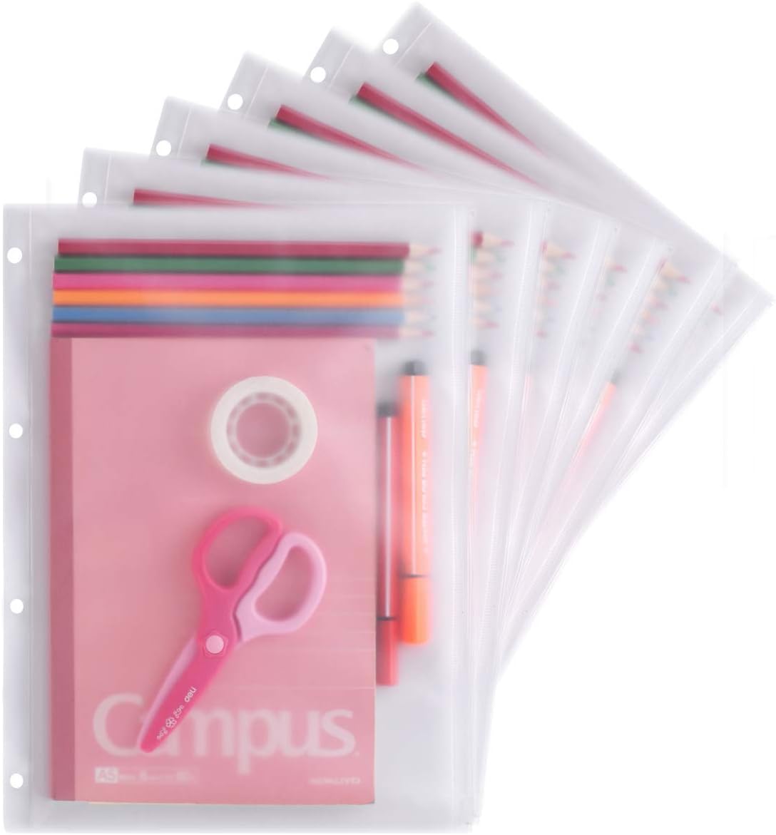 YoeeJob 4 Holes Clear PVC Zipper Pocket Insert for Binder,A4 Letter Size Paper Protectors Pack of 6
