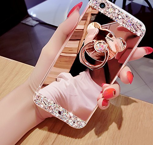 Galaxy A7 2017 Glitter Case,Galaxy A7 2017 Case,Leeook Creative Mirror Effect Diamond Shiny Soft Silicone Case Cover with Bear Ring Kickstand for Samsung Galaxy A7 2017-Gold
