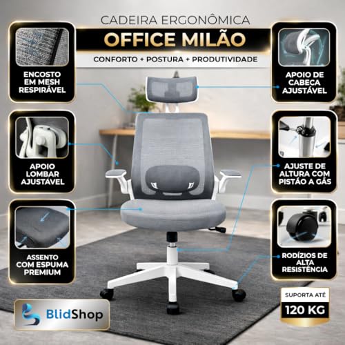 BlidShop Cadeira de Escritório Ergonômica, Suporte 120kg, Ajuste Lombar, Apoio de Cabeça, Tela Mesh Premium, Giratória, Home Office (Branca e Cinza)