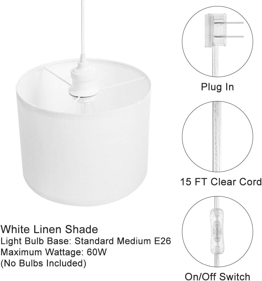 QITIM 2 Pack Plug in Pendant Light Indoor, White Linen Shade Hanging Light Fixture for Kitchen, Living Room, Dining Table, 15FT Clear Cord with On/Off Switch, E26 Socket - - 