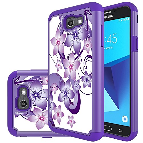 Samsung Galaxy J7 Perx Case,Galaxy J7 2017,Galaxy J7 V 2017 Case,Yiakeng Shockproof Protection Tough Rugged Dual Layer Armor Case Cover for Samsung Galaxy J7 Sky Pro / J7V (Purple Flower)