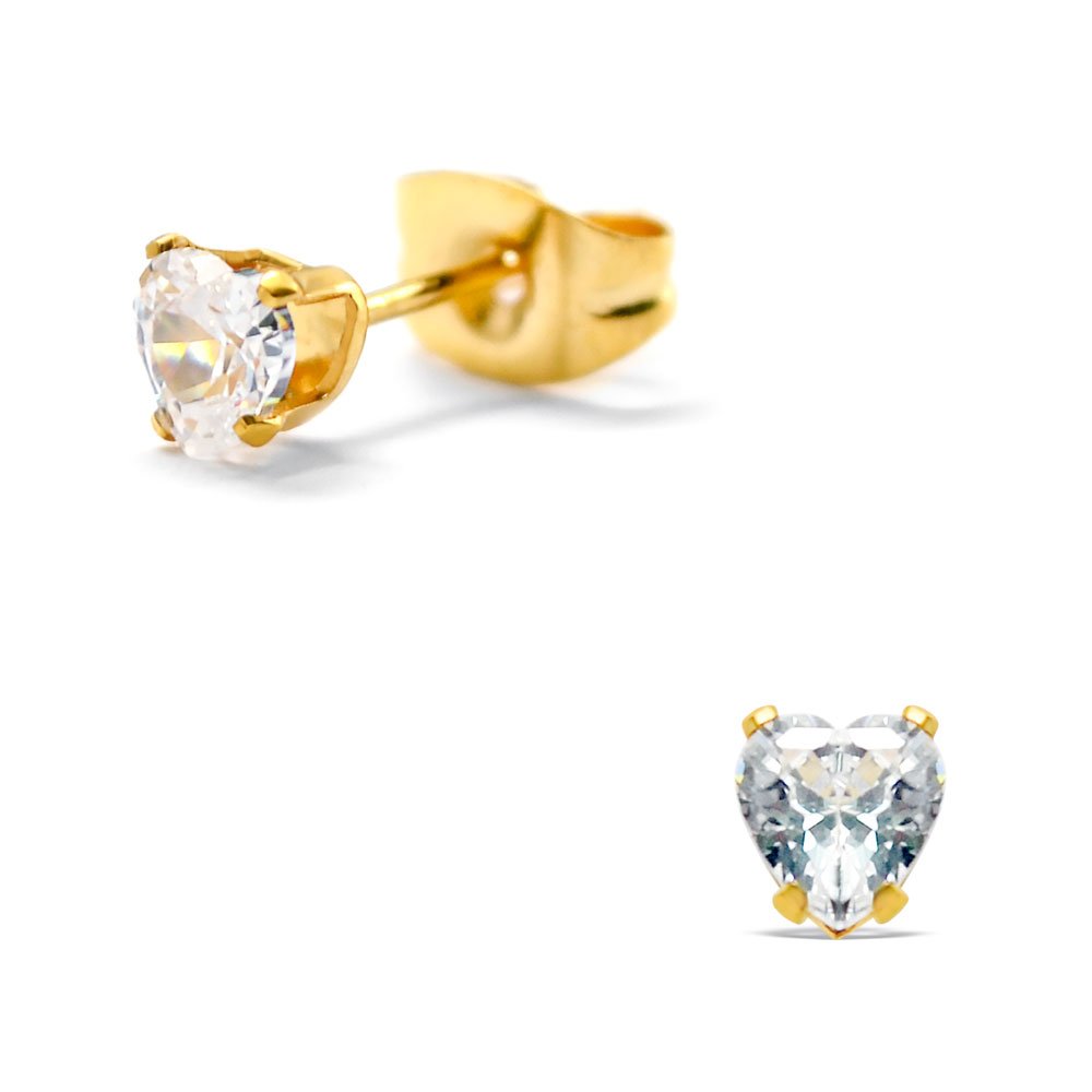 Hypo-Allergenic Surgical Stainless Steel Stud Earrings with 4mm Love Heart CZ Crystals & IP Gold Plating by Kate Benson
