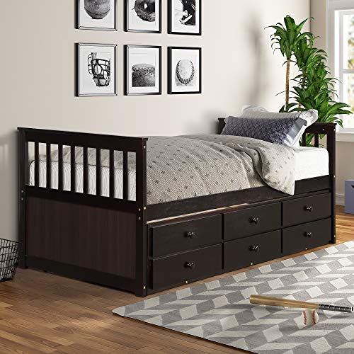 Merax Twin Daybed with Trundle, Captains Bed for Kids, Wood Twin Bed
