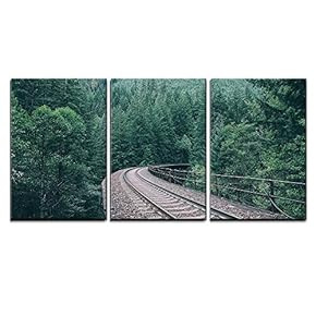 3 Piece Canvas Wall Art - Railway Through The Forest - Modern Home Art Stretched and Framed Ready to Hang - 16"x24"x3 Panels