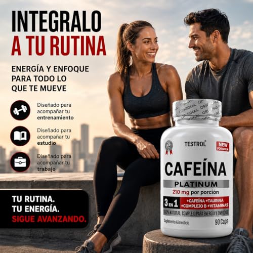 Cafeína Platinum 210mg | Fórmula con Taurina, Magnesio y Complejo B | Preentreno | Energía y Enfoque | Cafeina capsulas Testrol | 90 Cápsulas