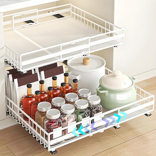 TOJUNE 2 Removable Kitchen Drawers with Sliding Rails (Set M+L) | Adjustable Width Expandable, Self-Adhesive/Drills with Nano Film for Kitchen, Pantry, Living Room (White)
