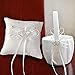 MAYMII 2 Heart Rhinestones Ivory Satin Wedding Flower Girl Basket and Ring Pillow Set, Ivory (White)