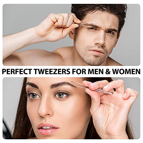 Tweezers Precision for Eyebrows, Terresa 4 Pack Tweezer Set for Ingrown Hair Removal, Professional Brow Remover Tools for Women and Men, Hair Plucking Daily Beauty Tool with Leather Case