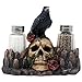 Bone Chilling Raven on Human Skull Salt and Pepper Shaker Set with Decorative Display Stand Figurine for Scary Halloween Decorations or Medieval & Gothic Kitchen Table Decor As Spooky Fantasy Gifts