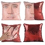 ROZKITCH Sequin Home Decor Pillow Cover Nicolas Cage Pattern Throw Pillow Case Sofa Cushion Cover 15.7”15.7”Magic Reversible Sequin Pillowcase Mermaid Cage#1-Red(Cover Only)